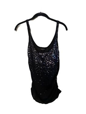 Y2K bebe Black Sequin Scoop Tank with Ruching Detail on Sides